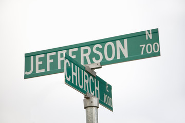 Road signs reading Jefferson & Church - representing Separation of Church and State, Pierre, South Dakota
