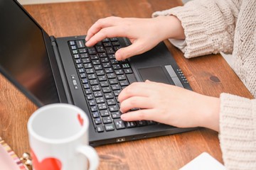 リビングでノートパソコンを操作する女性