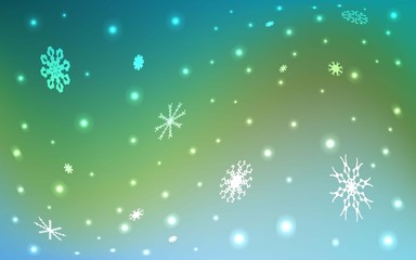 Fototapeta na wymiar Light Blue, Green vector texture with colored snowflakes. Snow on blurred abstract background with gradient. New year design for your ad, poster, banner.
