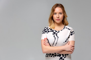 Attractive confident creative good-looking female bossy employee cross arms chest self-assured pose...