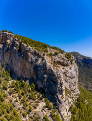 Aerial view, ruins of the fortress wall from Castell d’Alaró on the Puig d'Alaro, Alaro, Serra de Tramuntana, Mallorca, Balearic Islands, Spain