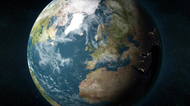 Planet Earth, seen from space, zooming in and centering on London, UK. 3D computer generated animation.