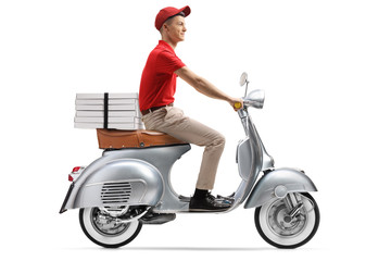 Delivery guy delivering pizza with a scooter