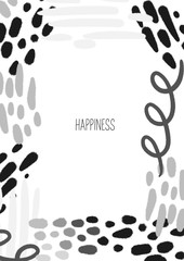 Frame with hand drawn abstract elements in black and white colors on a white background, stylish design for greeting, wedding cards