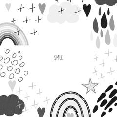 Frame with hand drawn abstract elements, rainbow, stars and clouds in black and white colors on a white background, stylish design for greeting cards