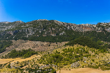 Aerial view of Orient, Urbanization d'Alaro, Sierra de Tramuntana, Mallorca, Balearic Islands, Spain