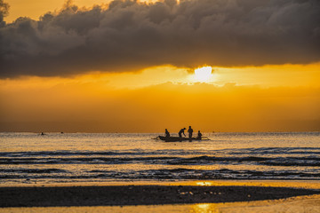 Strand, Sonnenaufgang, Boote, Katamaran, Südsee,