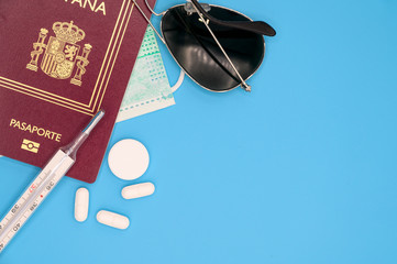Naklejka premium Spain travel restriction. Cancel the planned trip to Spain or restriction to Spanish travelers concept due to the spread of coronavirus infection. Quarantine for the covid-19 pandemic .