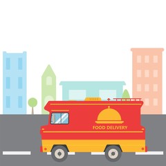 Fototapeta na wymiar Food delivery van with a dommed lid on the side on the simplified cityscape background