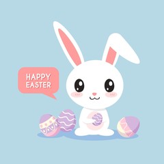 Easter greeting card with rabbit and eggs on blue background