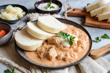 Classic Hungarian Szegedin pork goulash with dumplings