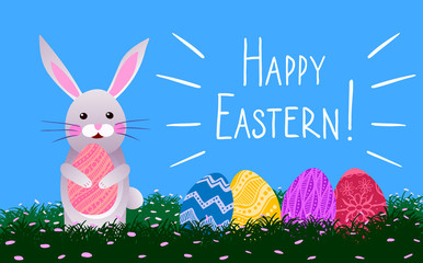 Vector illustration. Bunny with Easter eggs on background of meadows, flowers and inscription Happy Easter