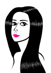 Beautiful cartoon brunette girl with red lips in vector.