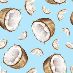 Watercolor tropical coconut seamless pattern on blue background. Aquarelle Exotic fruits. Coconut pieces wallpaper