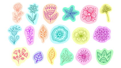 Colorful floral vector illustration in folk style. Hand drawing flowers and leaves doodles set on white background.