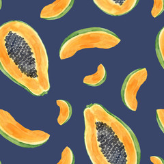 Ripe papaya fruit seamless pattern with slices and seeds. Watercolor bright tropical fruit wallpaper on white background.