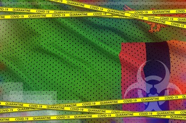 Zambia flag and Covid-19 quarantine yellow tape. Coronavirus or 2019-nCov virus concept