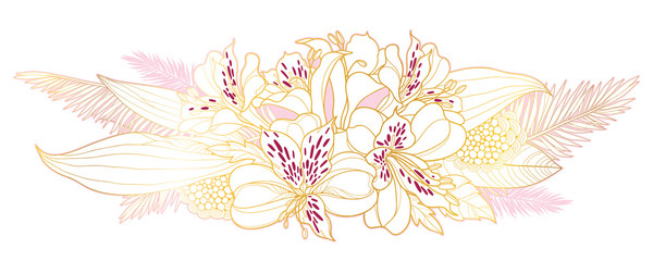 Bouquet of outline tropical Alstroemeria or Peruvian or Incas lily bunch and palm leaf in golden pink isolated on white background.