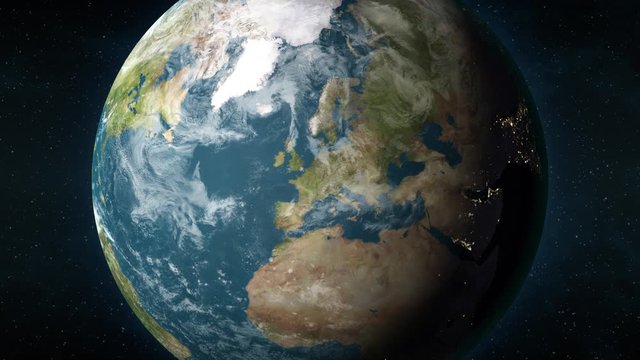 Planet Earth, seen from space, zooming in and centering on Brussels, Belgium. 3D computer generated animation.