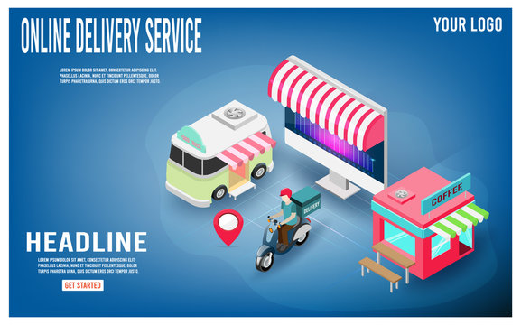 Online delivery service concept with delivery man ride scooter delivering parcel box, food truck, coffee bar.  vector illustration.