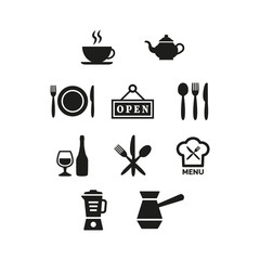 Restaurant and cafe icons set on white background.