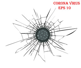 Corona virus. Corona virus icon. Broken or crack sign. Influenza pandemic. Transparent background. Broken glass, cracks, bullet marks on glass. High resolution. Texture glass with black hole.