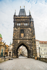 Fototapeta na wymiar Prague, Czech republic - March 19, 2020. Charles Bridge without tourist during Covid-19 travel ban