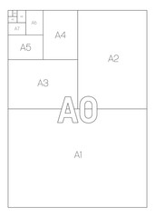 A Series Paper Sizes. With labels and dimensions in milimeters and inches. Simple flat vector illustration