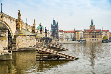 Fototapeta premium River pillars on Moldau river in Prague, Czech republic