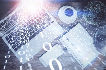 Multi exposure of data theme drawing hologram over topview work desk background with computer. Concept of technology.