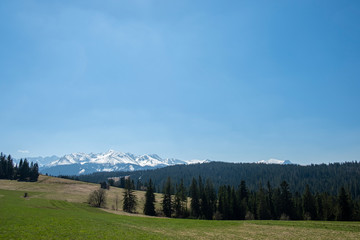 A view over the Tatra Mountains from distant hills