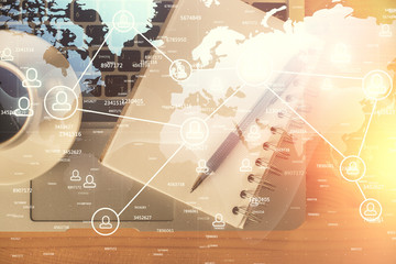 Double exposure of social network theme drawing and work table top veiw. Concept of international...