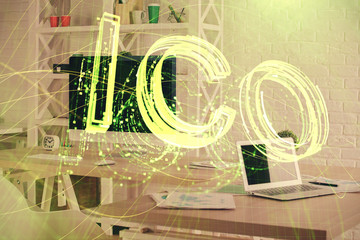 Double exposure of crypto technology theme drawing and office interior background. Concept of...