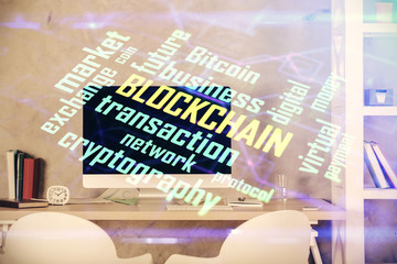 Double exposure of crypto technology theme drawing and office interior background. Concept of...