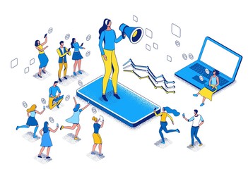 Influencer standing with megaphone and refer a friend to affiliate program, blogger and followers, people like post in social media network, 3d vector isometric illustration with outline and texture - obrazy, fototapety, plakaty