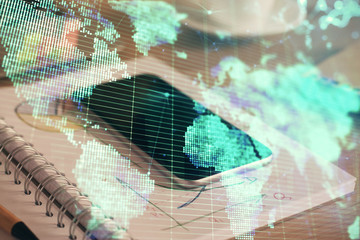 Double exposure of financial theme drawing and cell phone background. Concept of business