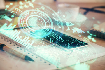 Double exposure of financial theme drawing and cell phone background. Concept of business