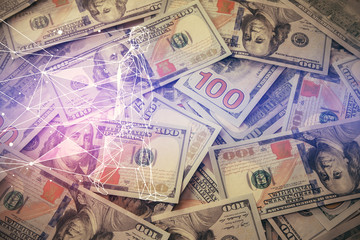 Fototapeta na wymiar Double exposure of startup drawing over usa dollars bill background. Young business concept.