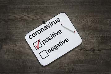 White board with positive test results for coronavirus on a dark wooden background