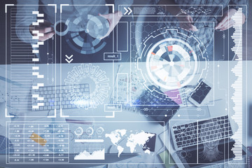 Double exposure of man and woman working together and data theme hologram drawing. Computer background. Top View.