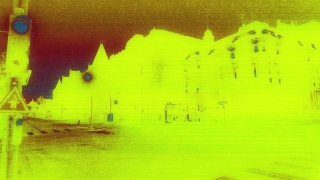 Digital composite bad signal effect glitch over empty street and closed hotel while the authorities imposes emergency measures to combat the Coronavirus COVID-19 outbreak