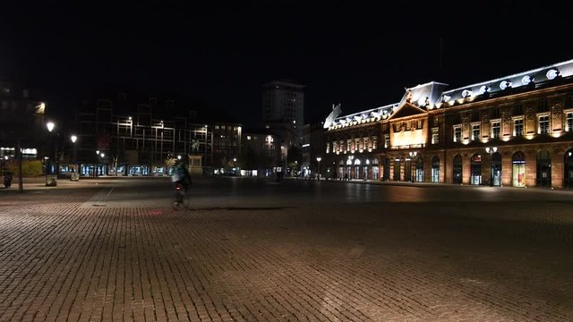  Empty Place Kleber square as city imposes emergency measures to combat the Coronavirus COVID-19 outbreak. Emmanuel Macron announced that France starts a nationwide lockdown