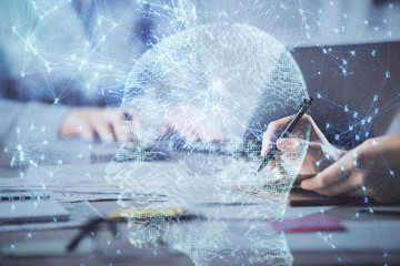 Multi exposure of woman hands working on computer and brain hologram drawing. Ai concept.