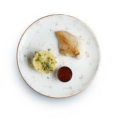 mashed potatoes with chicken breast, an exquisite breakfast restaurant dish is a classic serving.