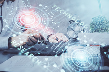 Multi exposure of man's hands holding and using a digital device and data theme drawing. Innovation concept.