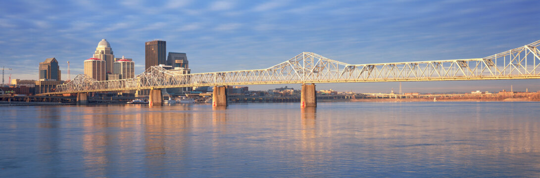 Panoramic View Of The Ohio River And Louisville Skyline, KY Shot From Indiana