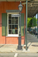 Rue de Chartres road sign and lamp post in historic French Quarter of New Orleans, Louisiana
