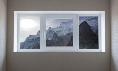 Window view of a beautiful mountain landscape