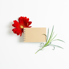 Empty notebook with red gerbera flower on white background. Floral composition, flat lay, top view, copy space