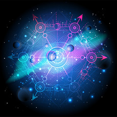 Vector illustration of Sacred geometric symbol against the space background with galaxy and stars.
